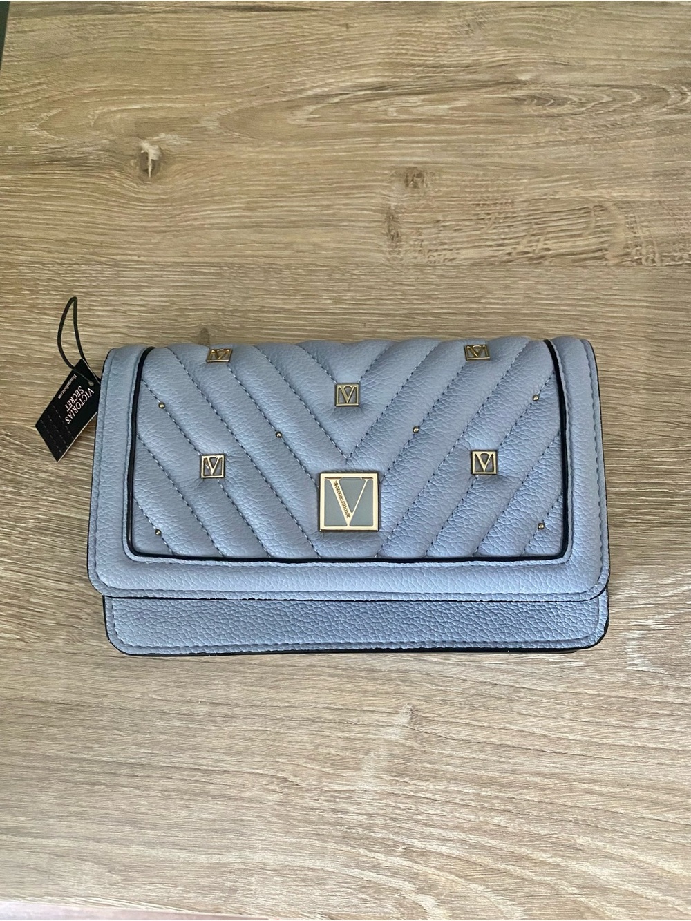 Victoria's Secret Quilted Light Blue Wristlet Clutch with Gold Accents